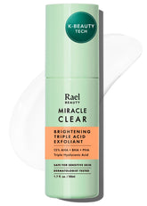 Rael Miracle Clear bottle application shows triple-acid exfoliation for smoother, radiant skin.