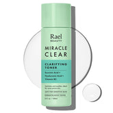 Rael Miracle Clear toner bottle showcases hydrating daily skincare for blemish-prone skin.