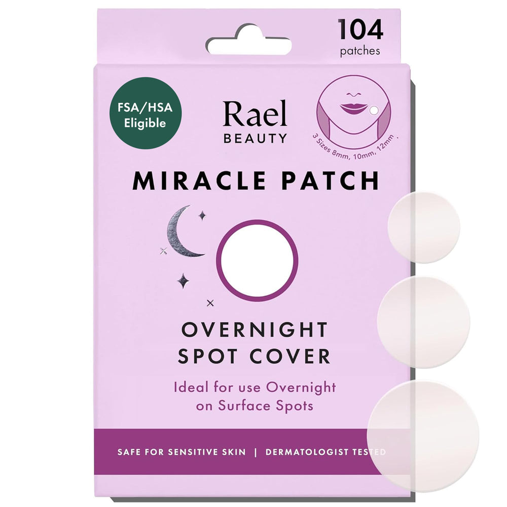 Rael pimple patches pack contents show three sizes for versatile overnight coverage