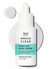 Rael Serum bottle closeup highlights the pore-minimizing formula for clearer skin.