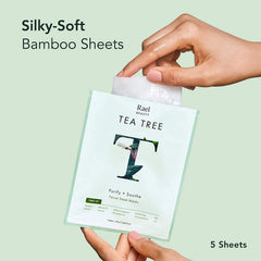 Rael Tea Tree Oil essence closeup highlights natural ingredients for clear-looking skin.