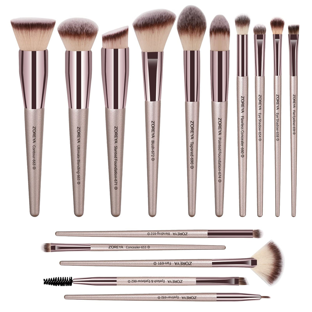 Raffaello ZOREYA 15pc makeup brush set front view for flawless foundation application