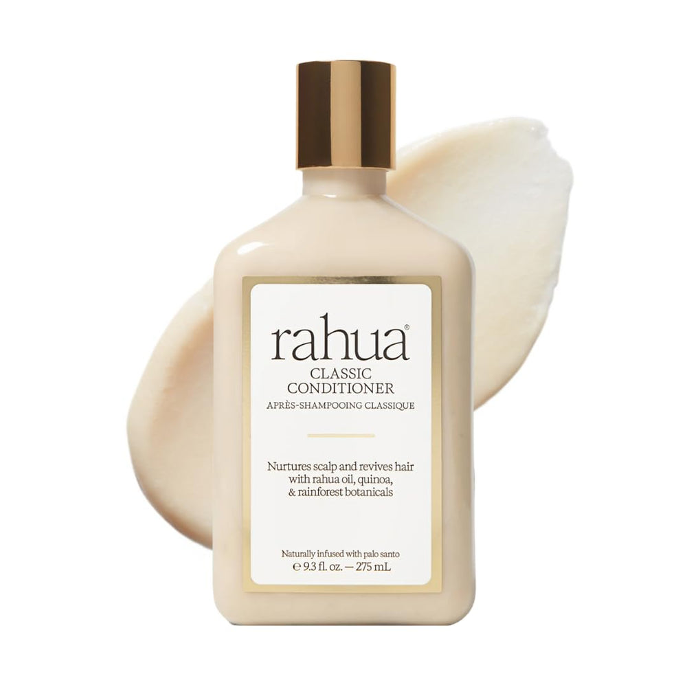 Rahua Classic Conditioner bottle closeup for vegan hydration and soft hair.