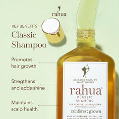 Rahua Classic Shampoo ingredients close-up highlights omega-9 oil for nourishment.