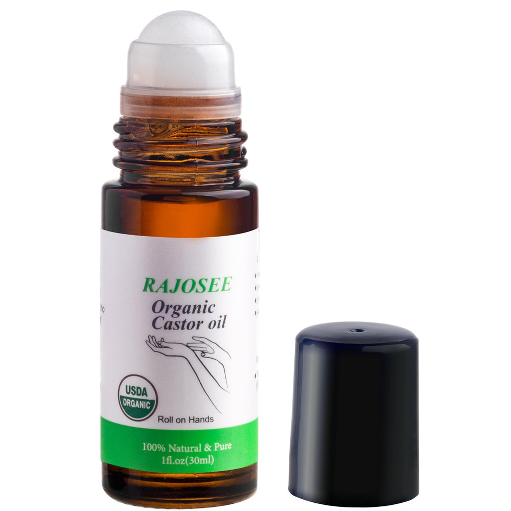 RAJOSEE castor oil roll-on in glass bottle for precise application on skin and nails.
