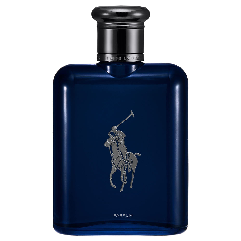 Ralph Lauren Fragrances Polo Blue Parfum bottle close-up highlighting refillable design.