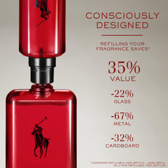 Ralph Lauren Polo Red bottle curved sleek design adds bold presence on the dresser.