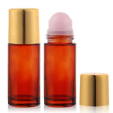 RAMFIYN amber glass roll-on bottle with rose quartz ball for precise essential oil application.