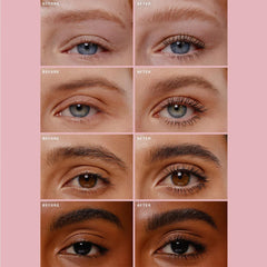 Rare Beauty Lash & Brow Essentials Set full-face look showcases lifted lashes and sculpted brows.