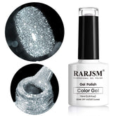 RARJSM Glitter Nail Polish Silver bottle closeup shows long-lasting shimmer.