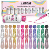 RARJSM reflective glitter nail art gel liner showcasing 12 colors for dazzling nails in any lighting.