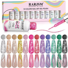 RARJSM reflective glitter nail art gel liner showcasing 12 colors for dazzling nails in any lighting.
