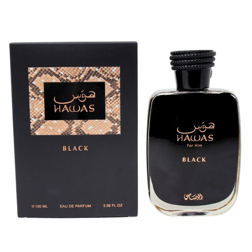 RASASI Hawas Black bottle front shows crisp citrus opening for daily confidence