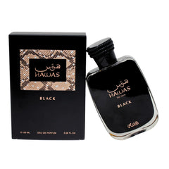 RASASI Hawas Black on skin suggests woody-amber finish for confident, subtle presence