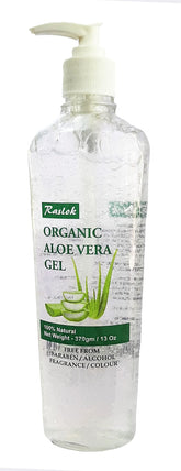 Raslok Aloe Vera Gel bottle pour for instant hydration and soothing application.