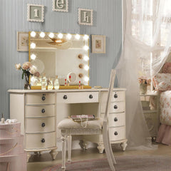 Ratsamee Gold vanity mirror shows three color light settings to tailor makeup shade and mood.