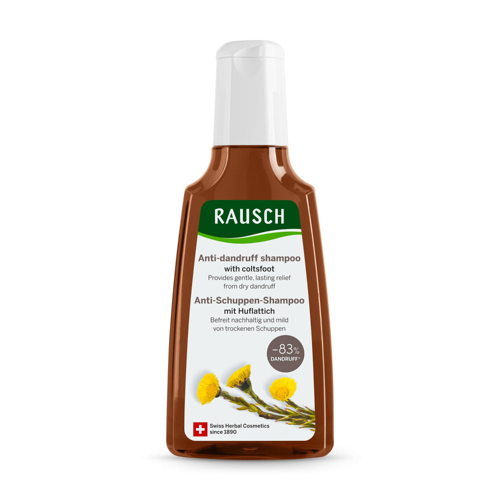 RAUSCH Coltsfoot anti-dandruff shampoo bottle reduces visible flakes gently.