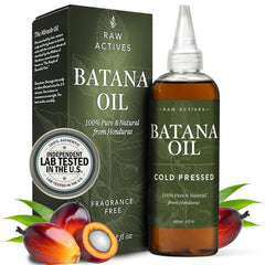 RAW ACTIVES Batana Oil bottle closeup showing pure Honduras oil for hair nourishment.