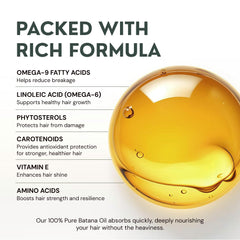 RAW ACTIVES Batana Oil pouring bottle conveying smooth, easy-to-use hair treatment.