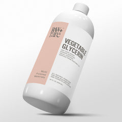 Raw Plus Rare vegetable glycerin bottle closeup showing clear, viscous liquid for skin care