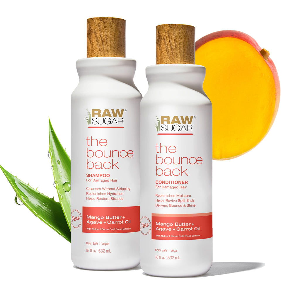 RAW SUGAR Bounce Back shampoo bottle nourishes and hydrates hair