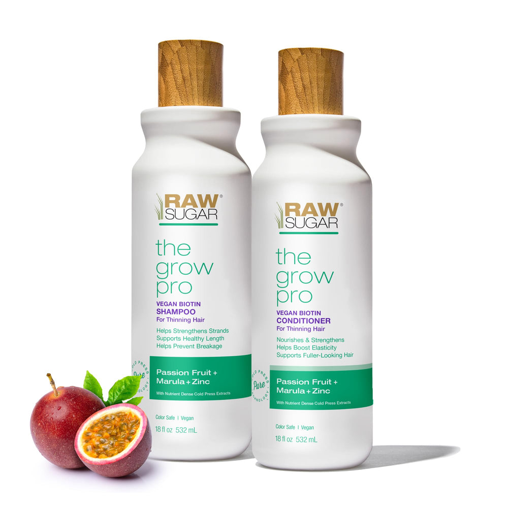 RAW SUGAR Grow Pro shampoo bottle for strengthened strands and fuller-looking hair.