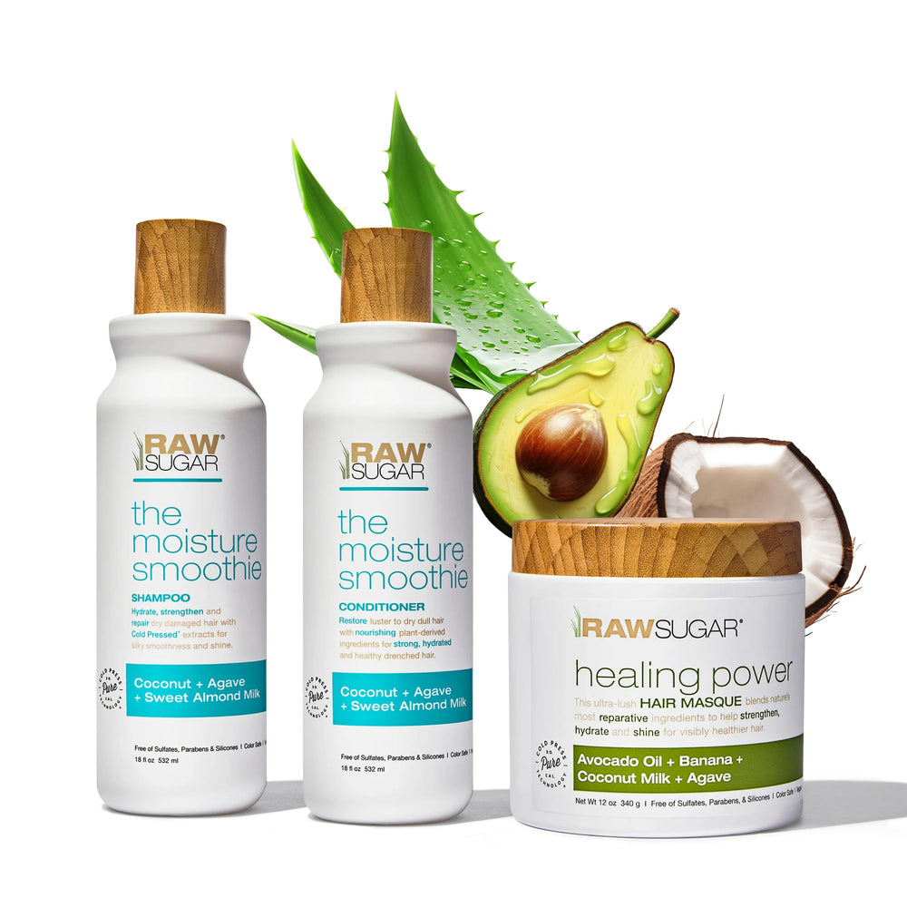 RAW SUGAR Moisture Smoothie shampoo bottle showing hydrating formula for smoother, manageable hair.