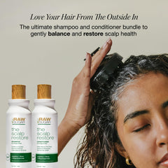 RAW SUGAR scalp restore conditioner bottle highlights hydrated hair and renewed softness.