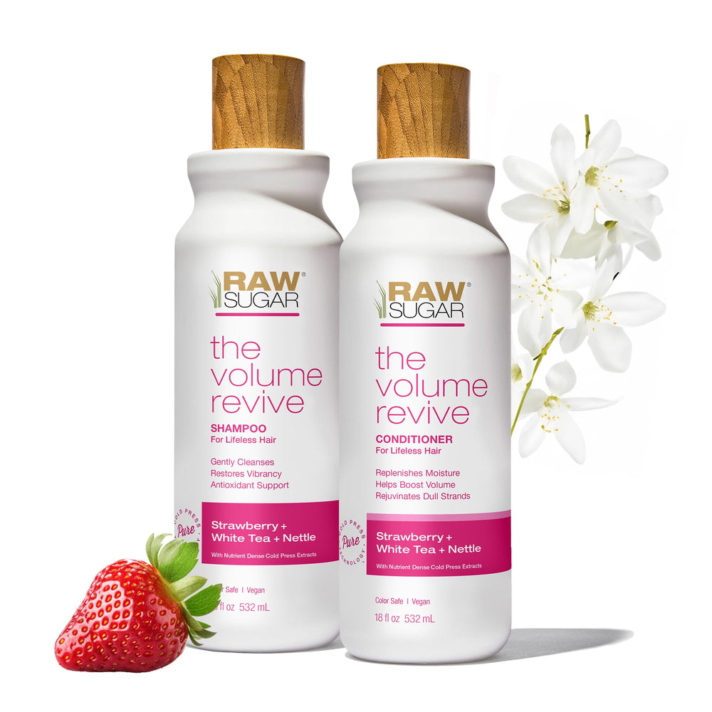 Raw Sugar Volume Revive Shampoo bottle with a volumizing formula for fuller-looking hair.