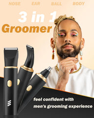 RAXMETRY groin trimmer head detail emphasizes safe, skin friendly bevelled blade for sensitive areas.