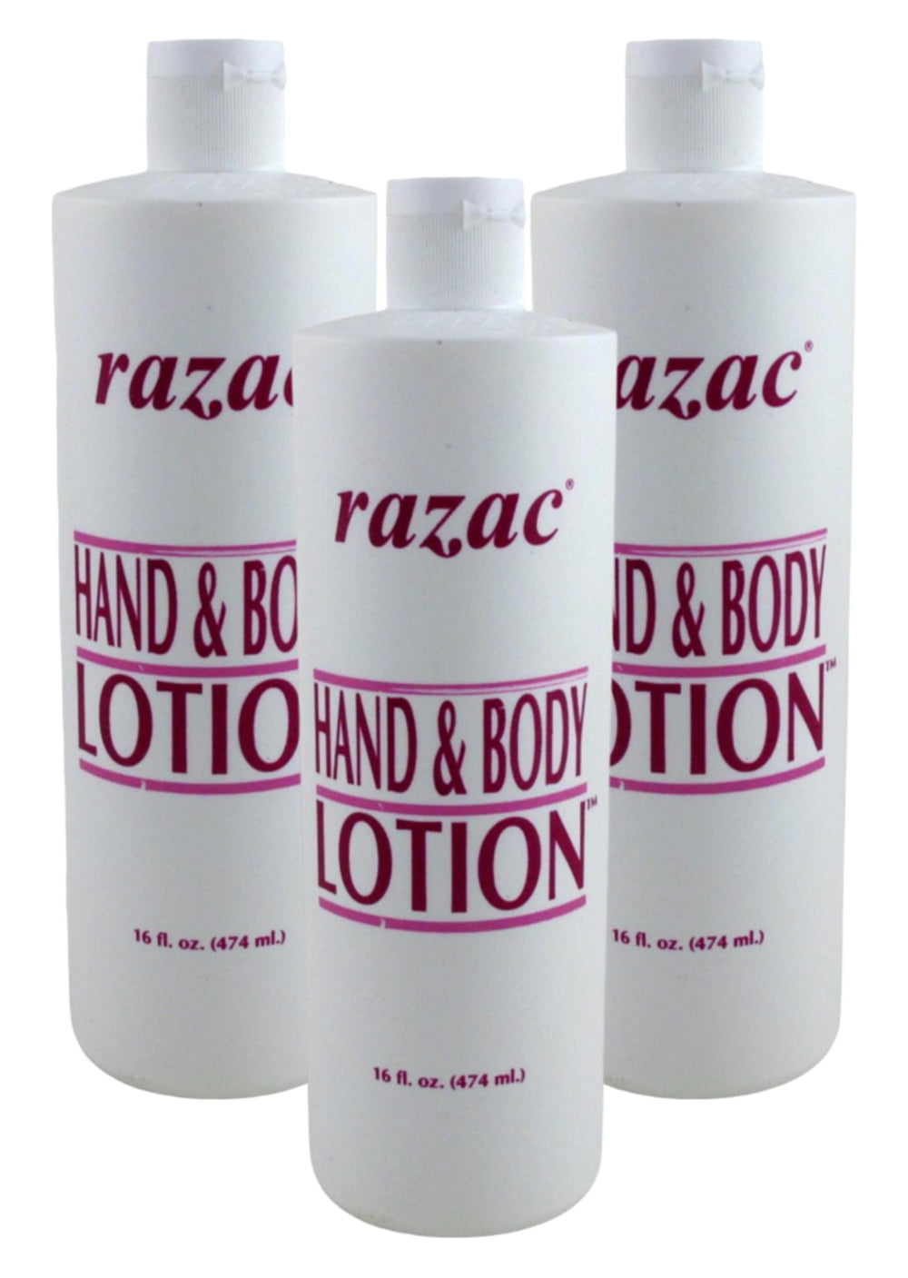 Razac hand and body lotion 3pack bottle front showing non-greasy hydration