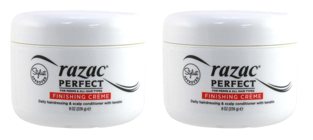 Razac Perfect For Perms Finish Creme 8oz 2-pack packaging for salon and home use.
