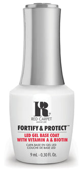 RC Red Carpet Manicure Fortify & Protect base coat bottle close-up showing adhesion-ready formula.