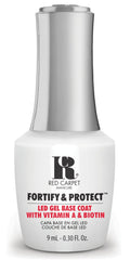 RC Red Carpet Manicure Fortify & Protect base coat bottle close-up showing adhesion-ready formula.