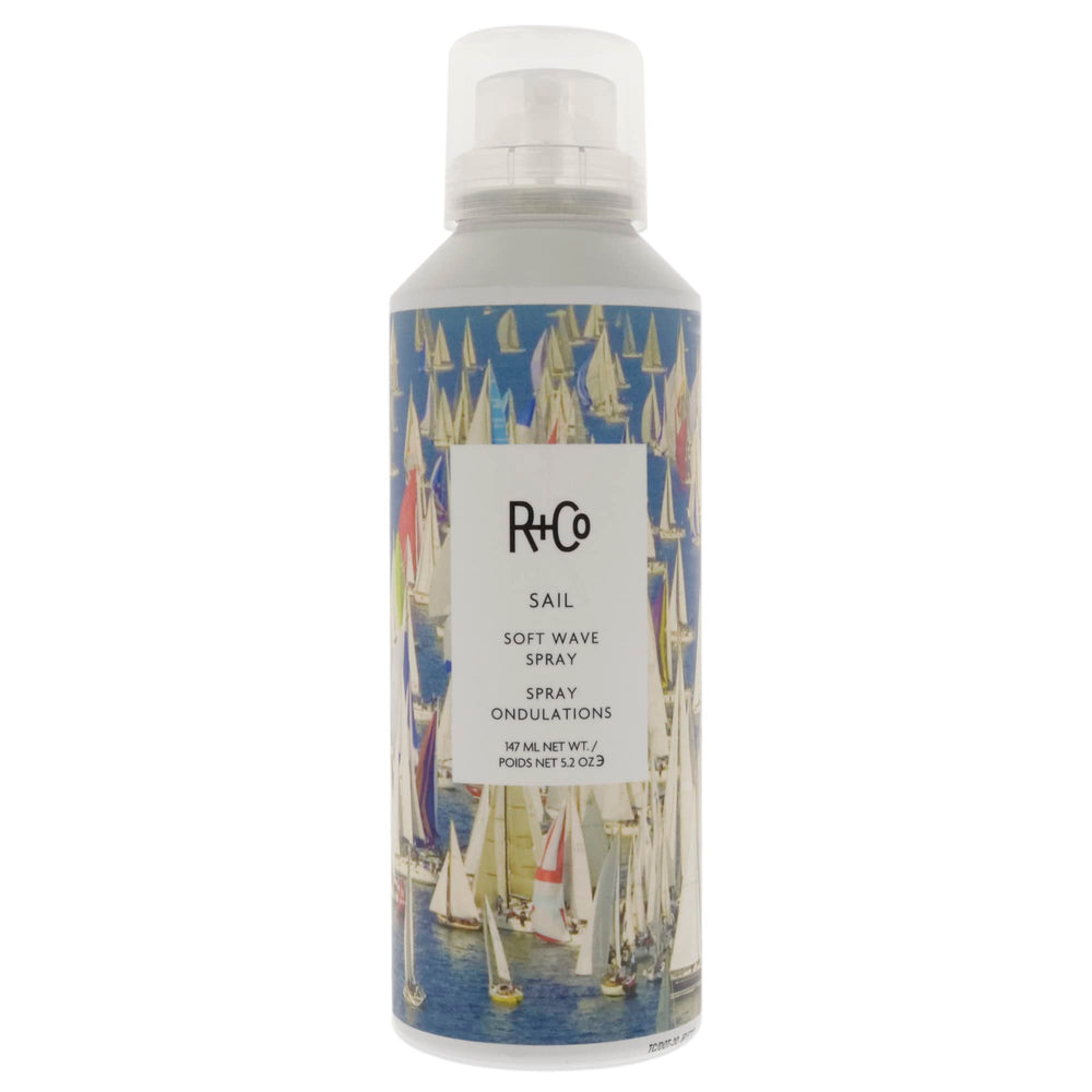 R+Co Sail Soft Wave Spray bottle front highlights lightweight volume and shine.