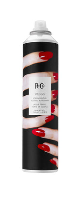 R+Co VICIOUS strong hold bottle shows durable finish and flexible control for lasting style.