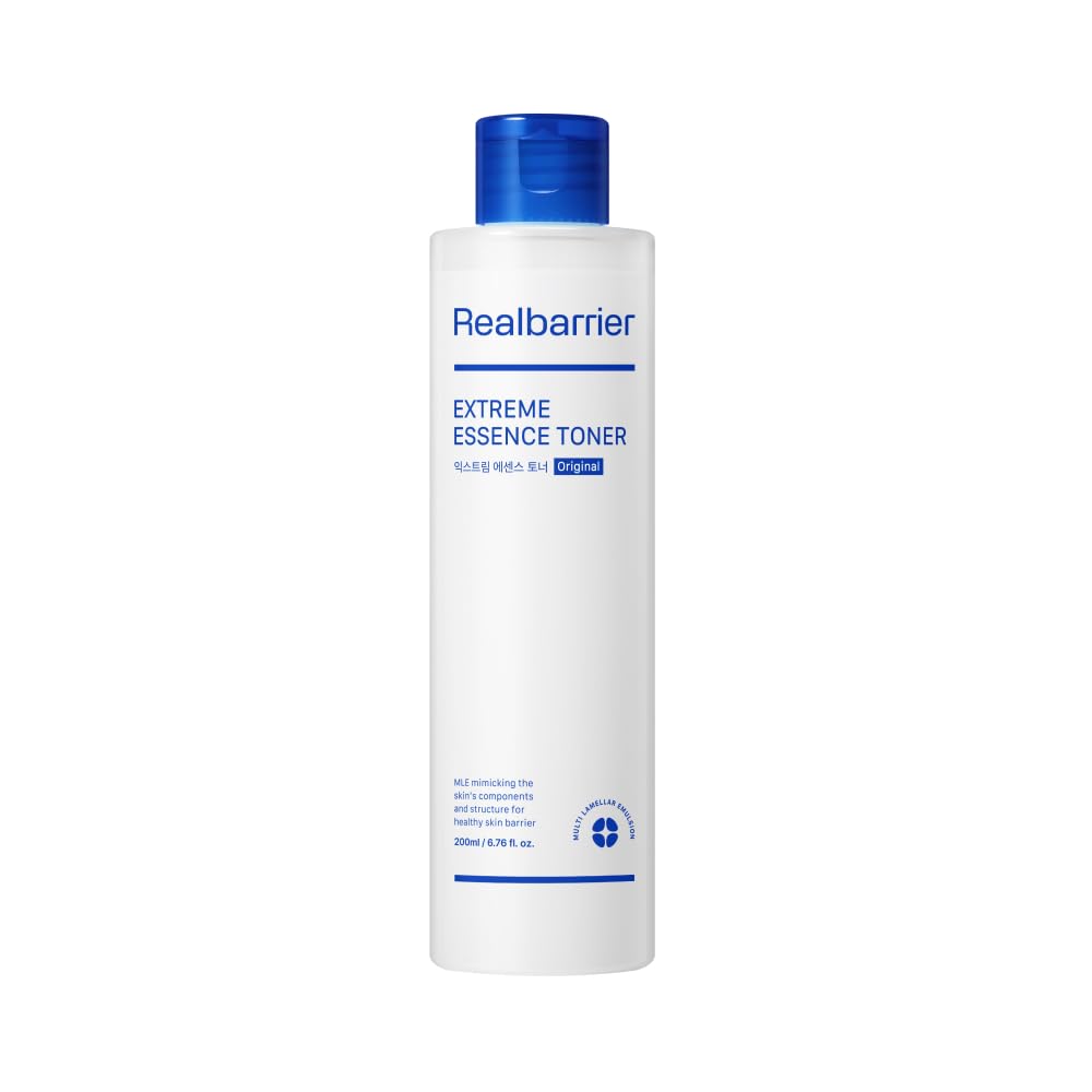 Real Barrier Extreme Essence Toner bottle closeup showing hydrating, barrier-supporting formula
