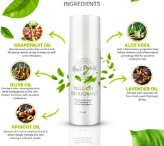 Real Purity Roll-On ingredients highlight organic aloe and essential oils for hydration.