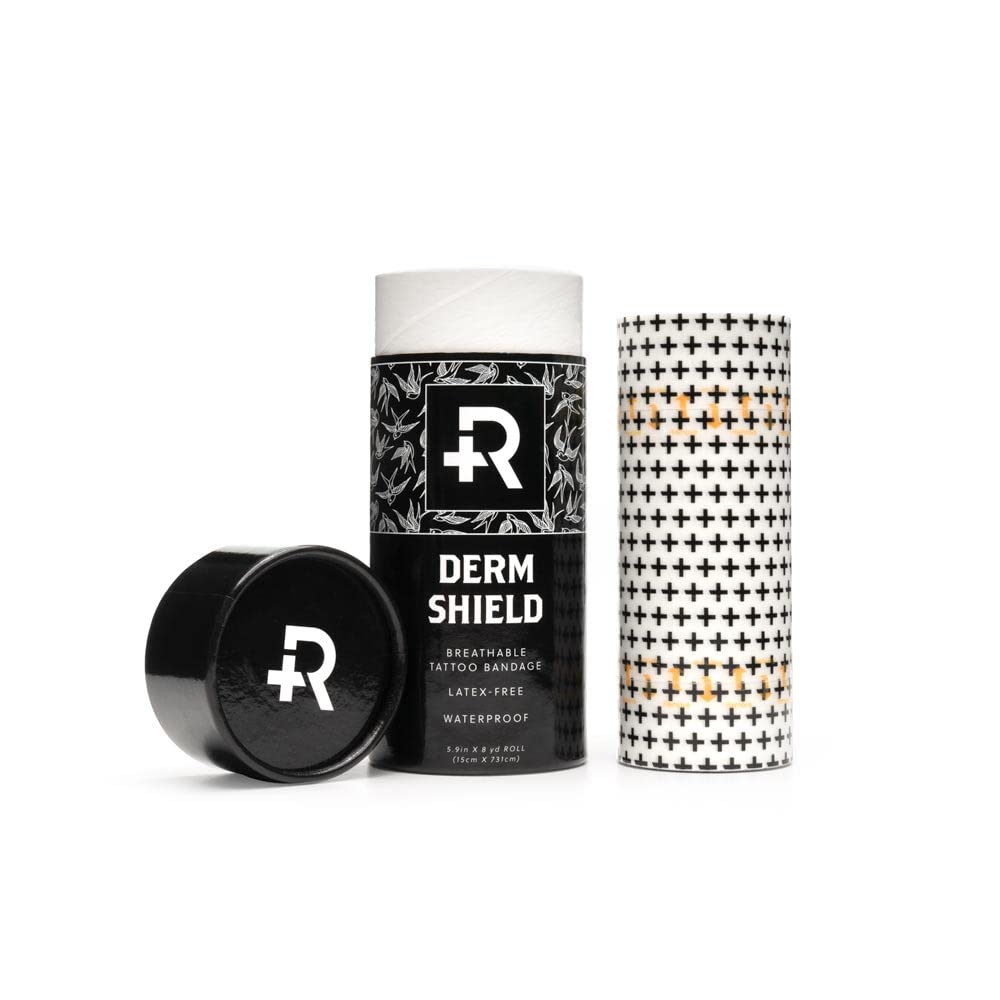 Recovery Aftercare Derm Shield tattoo bandage close-up shows latex-free, flexible coverage for new ink.