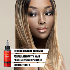 Red by Kiss application shot highlights fast-drying hold for extensions.
