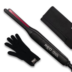 Red by Kiss pencil flat iron close-up showing precision styling and 450°F heat capability for sleek finishes.