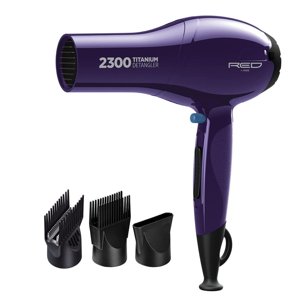 Red by Kiss Titanium 2300 Detangler Dryer front view highlighting double comb layer technology for faster detangling.