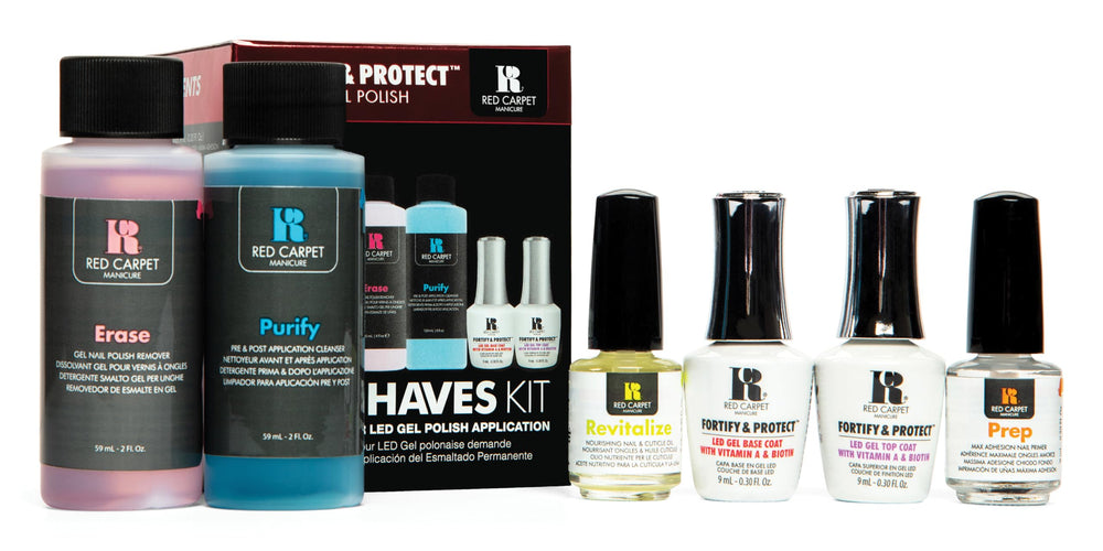 Red Carpet Manicure kit contents laid out for at-home gel application with easy prep