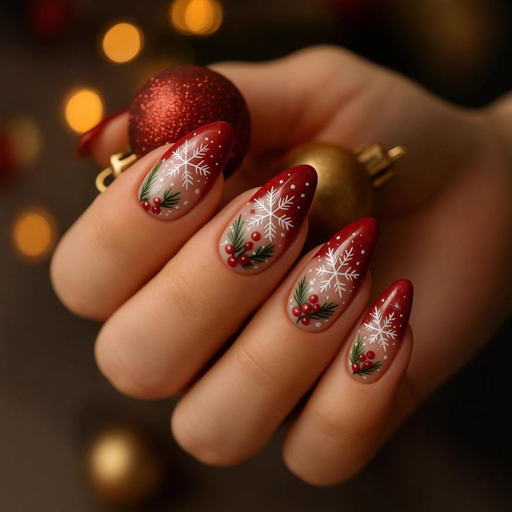 red french tip snowflake press-on nails glossy almond finish for festive glam.