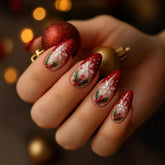 red french tip snowflake press-on nails glossy almond finish for festive glam.