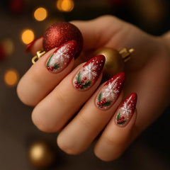 red french tip snowflake press-on nails glossy almond finish for festive glam.