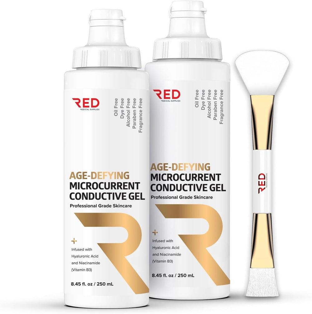RED Medical age-defying gel bottle shows smooth glide for microcurrent sessions