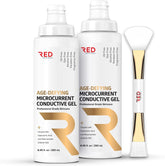 RED Medical age-defying gel bottle shows smooth glide for microcurrent sessions