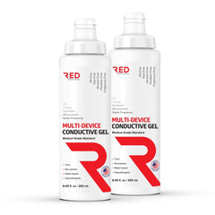 Red Medical Supplies conductive gel bottle front promotes smoother device sessions.