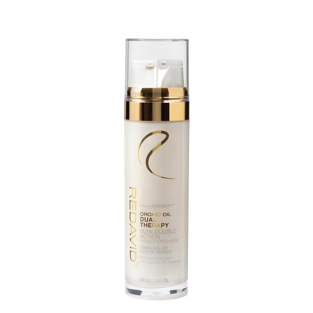 Redavid Orchid Oil Dual Therapy packaging highlights two-part system for advanced hair repair.